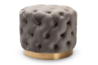 Baxton Studio Valeria Glam Gray Velvet Fabric Upholstered Gold-Finished Button Tufted Ottoman